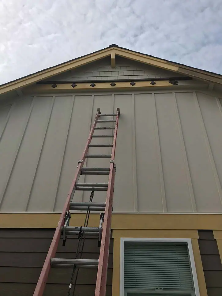Board-and-batten gable, ladder up