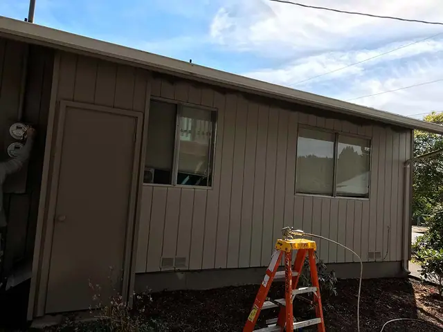 Taupe vertical siding, stepladder in front