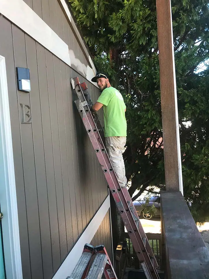 Painter on the ladder, cutting in taupe siding