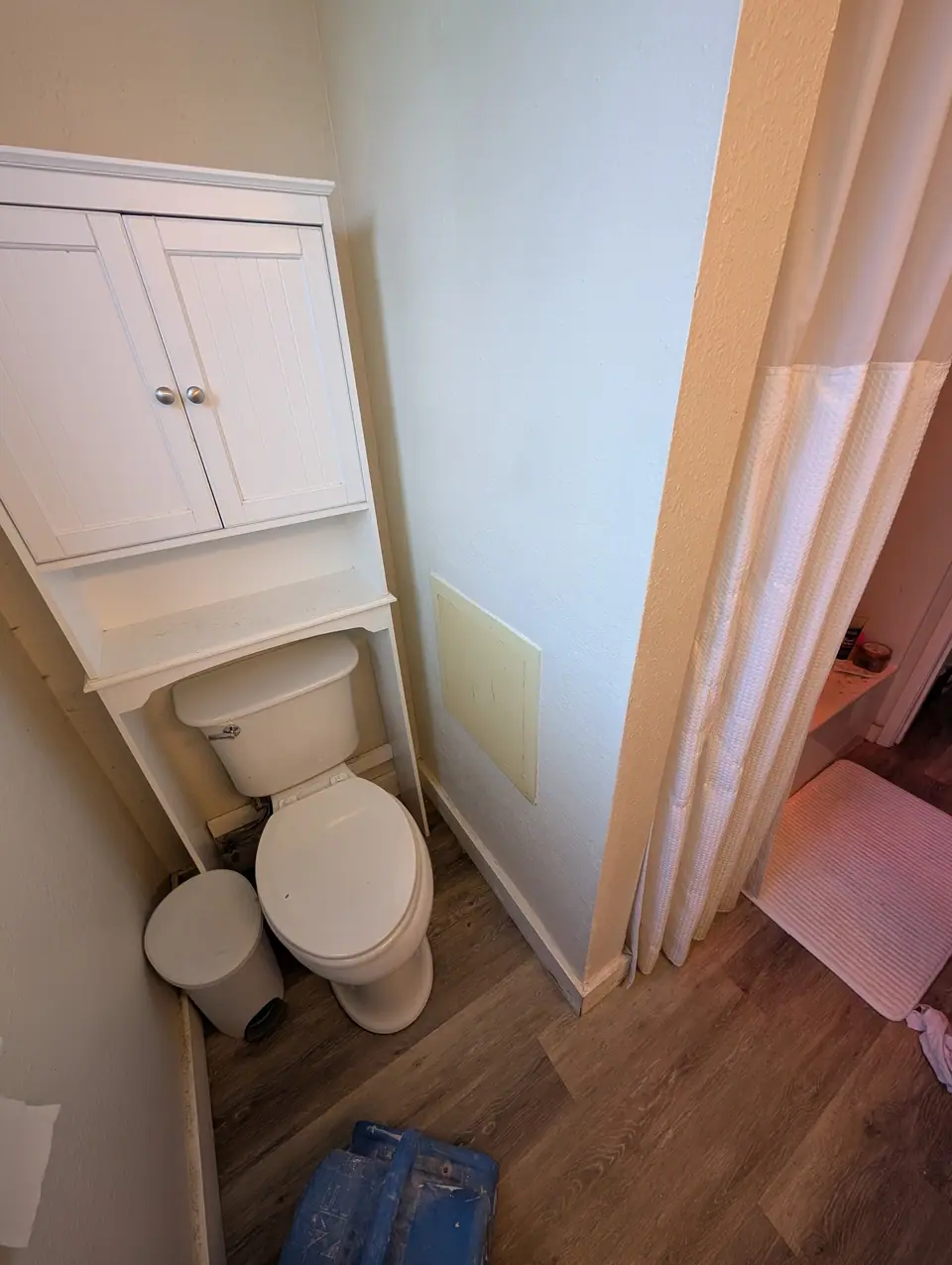 The same bathroom with an access panel over the opening and the wall painted